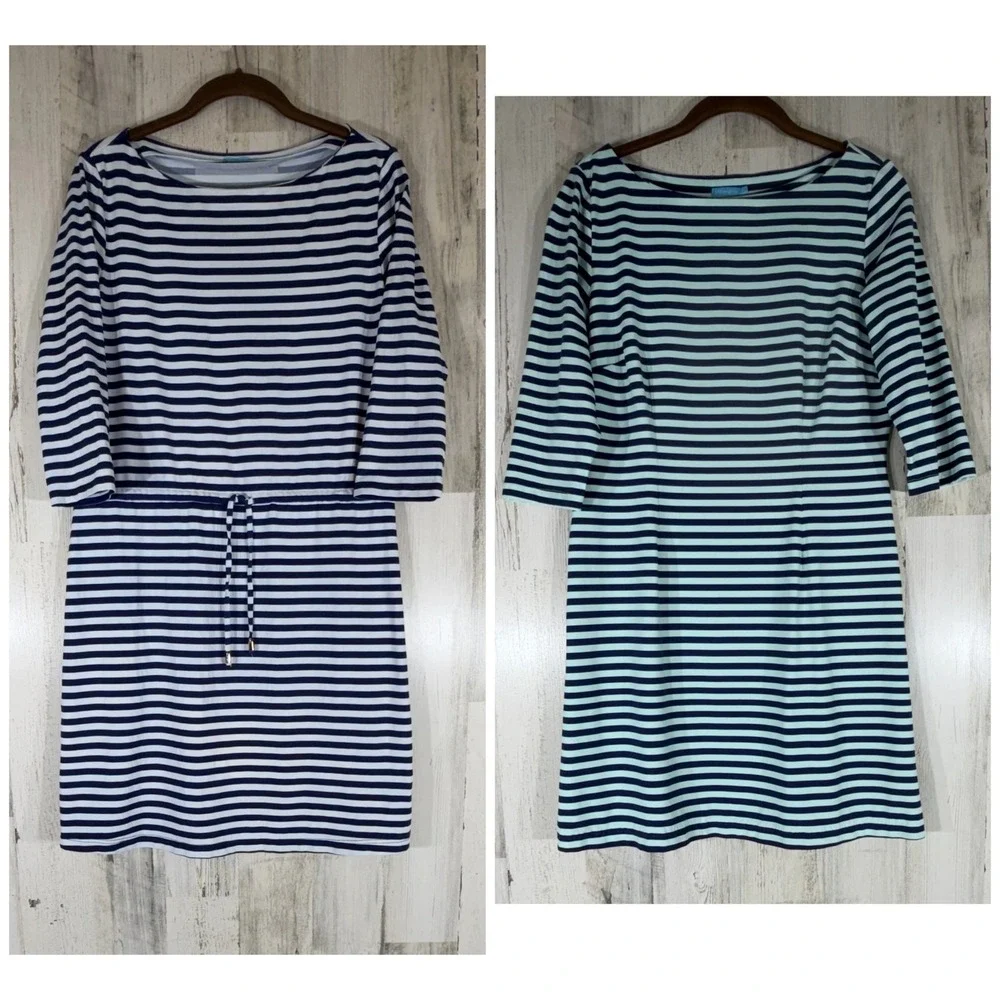 J McLaughlin Shift Dress Size Medium Blue Breton Stripe 3/4 Sleeve Lot of 2 READ